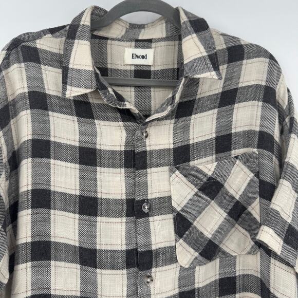Elwood Mens Riker Plaid Short Sleeve Button Up Shirt Rayon Gray Cream Medium - Picture 4 of 11